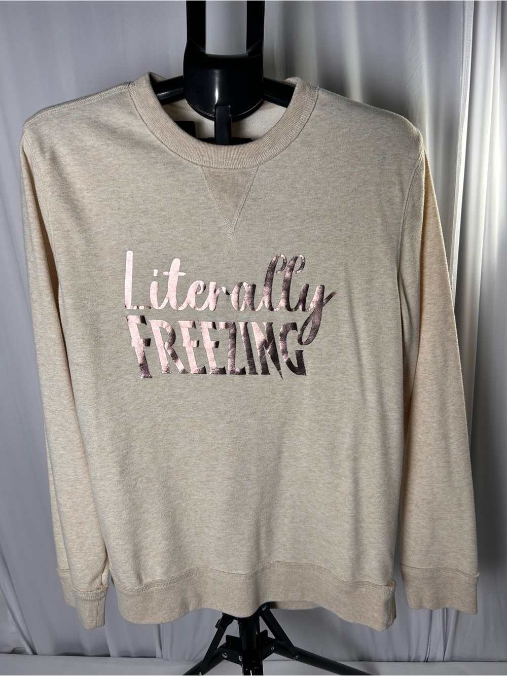 George Cream Crewneck Sweatshirt with Rose-Gold 'Literally Freezing' Graphic